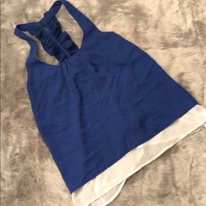 Flowy blue and white ruched back tank top